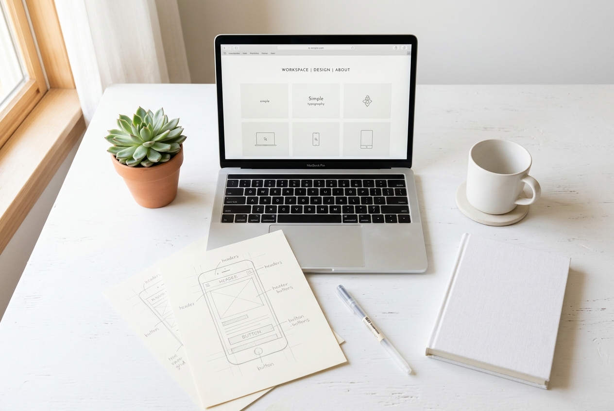 A clean designer workspace with wireframe sketches and a laptop — the Veya Digital studio in action